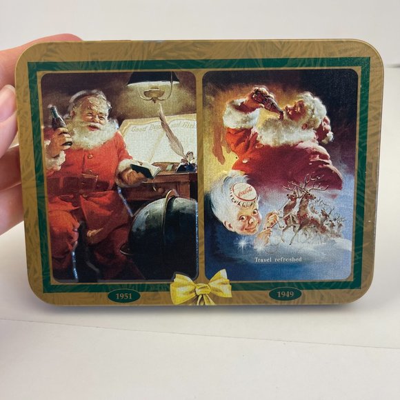 Vtg 1997 Coca Cola Santa Christmas Hinged Tin with 2 Sealed Decks Playing Cards - Picture 5 of 10